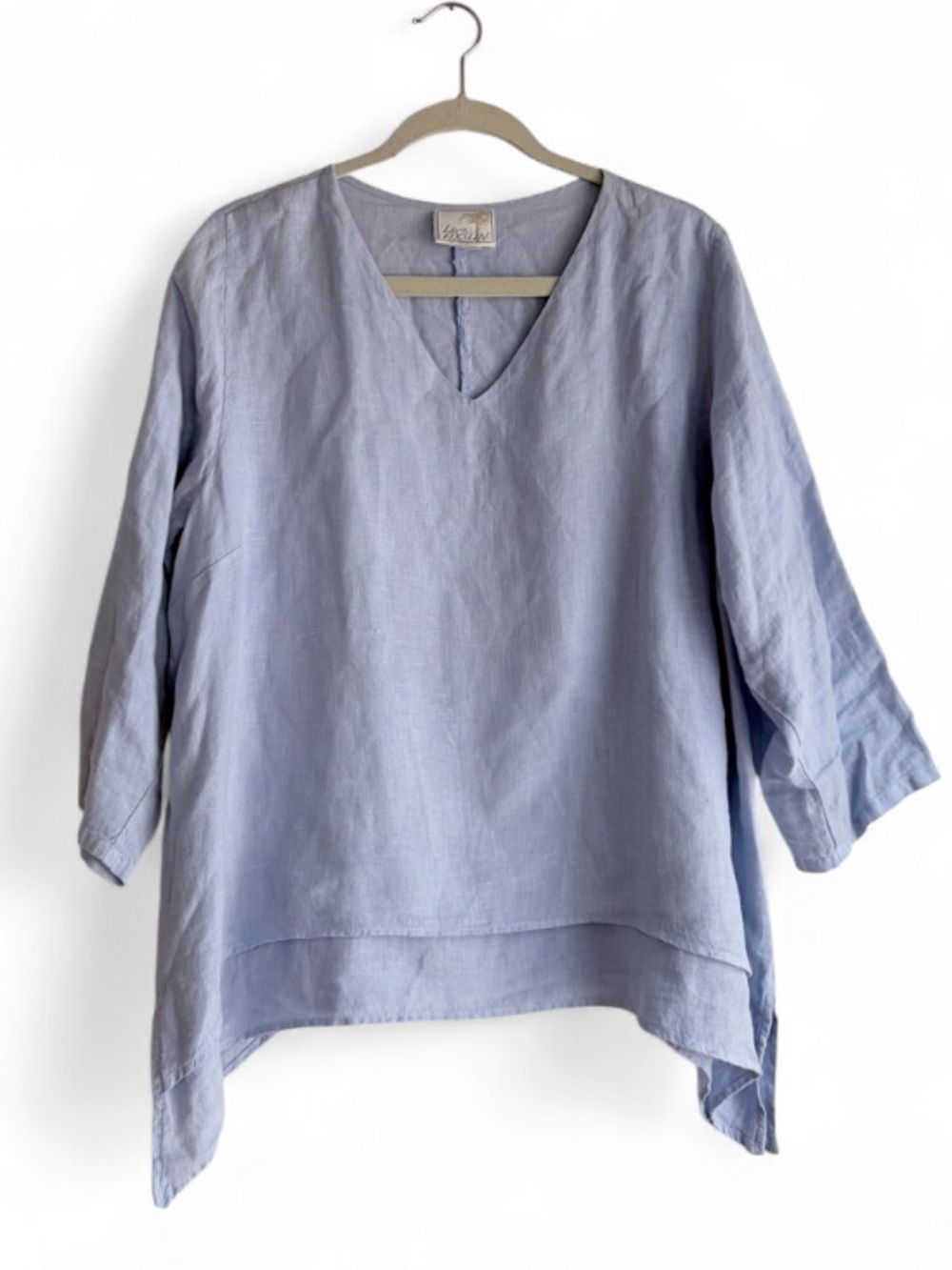 La. FIXSUN 100% Linen Pastel Blue 3/4 Sleeve Tiered Hem Blouse Size M